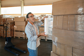 Warehouse worker wrapping boxes with stretch film standing next to a pallet truck