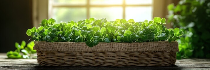 Freshly grown greens in a woven basket, bathed in sunlight