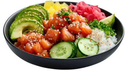 Colorful Fresh Poke Bowl: a vibrant, mouthwatering poke bowl overflowing with fresh ingredients like salmon, avocado, rice, and tropical fruit, promising a delightful culinary experience.