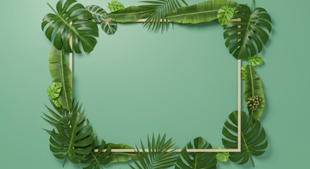 Tropical leaves frame on light green background creating a serene and organic aesthetic