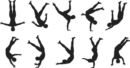 Silhouettes of acrobats performing flips, jumps, and handstands, dynamic gymnastic poses, athletic motion, sports performance, flexibility, strength, movement art
