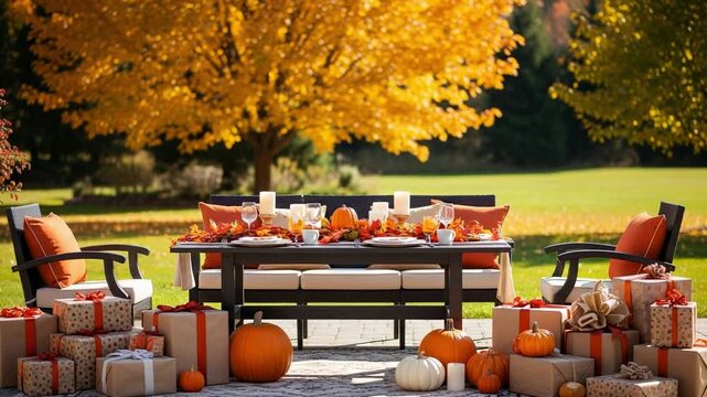 Outdoor patio dining set for an autumn celebration with gifts and pumpkins. Festive backyard gathering scene with golden fall foliage.
