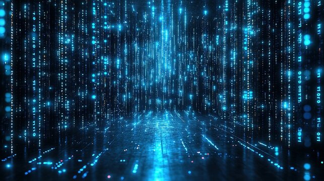 Abstract blue digital binary code background with glowing lines and light effects.