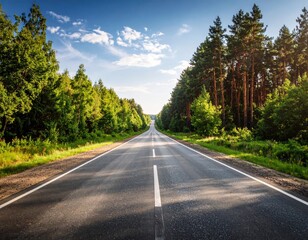 Fototapeta premium A curvy asphalt highway snakes through a green summer forest landscape with mountains in the distance
