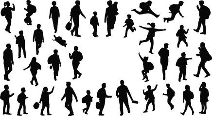 Silhouettes of adults and children, walking, running, standing, various postures, family lifestyle concept, human interaction, outdoor activity, movement illustration design