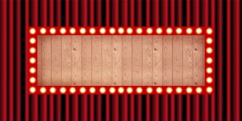 Obraz premium labels red wood light sign, circus, show, performance, vintage, film, old, neon, night, frame, border, card illustration Hand Drawn, direction sign movie theater stage red curtains