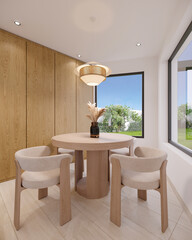 Modern home interior design with a dining area featuring luxurious wooden furniture and a large window, 3d render