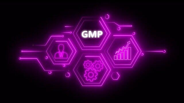 Abstract neon Hud knowledge ability business gear icon Glowing neon line concept. Glowing " GMP " button in German on a futuristic, abstract wave technology on black background. 4K video 