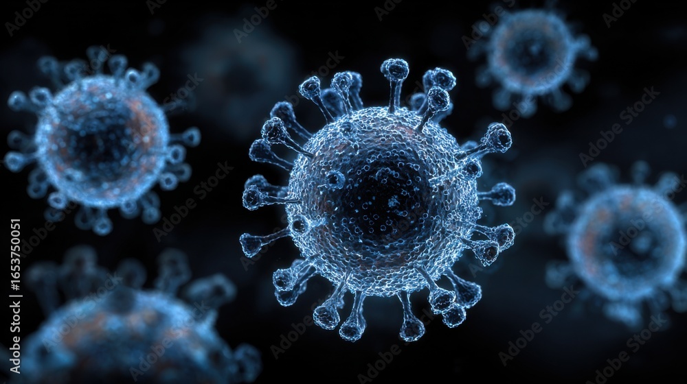 Poster detailed visualization of a virus in a dark environment, highlighting its distinct surface features 