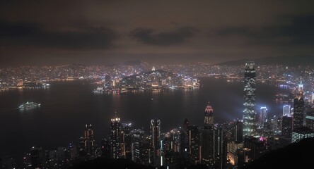 Obraz premium Night Cityscape Stunning Aerial View of City Lights and Harbor at Night