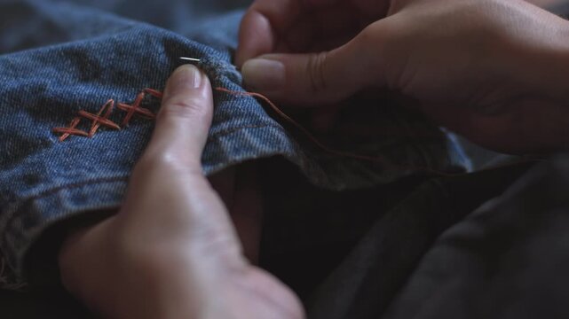Hand sewing denim fabric with a needle and thread. girl repairing clothes. Girl sewing.