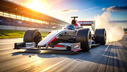 Racing Car Accelerating On Track At Daytime Showing Speed And Motion With Blurred Background