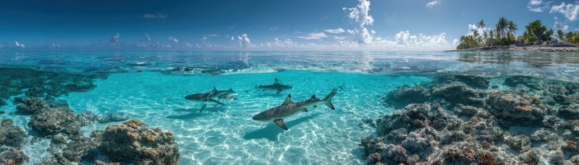 Fototapeta premium A serene underwater scene showcasing sharks swimming above coral reefs in crystal-clear turquoise waters under a bright sky.
