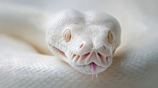 Close up portrait of a striking albino python with pink tongue flicking