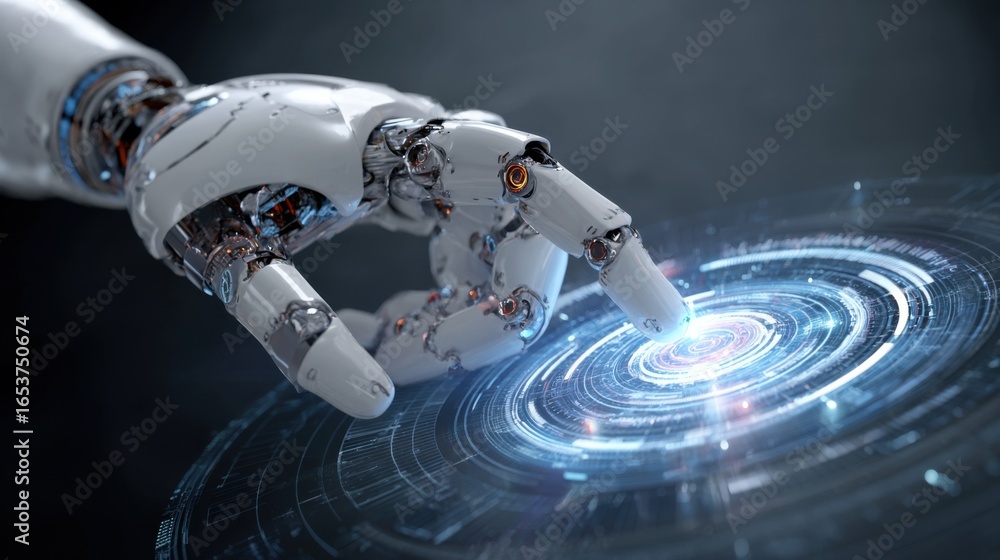 Poster a robotic hand extends toward a luminous digital interface, illuminating intricate patterns and data