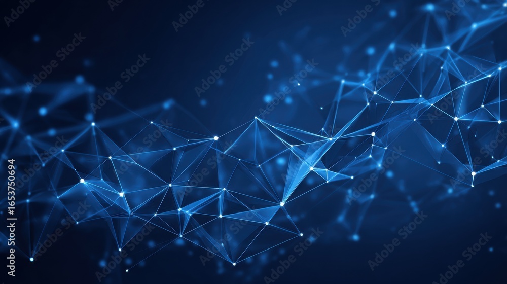 Poster vivid blue geometric patterns form a network of interconnected nodes, symbolizing digital communicat