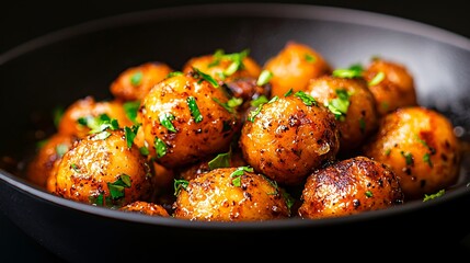 Deliciously spiced roasted baby potatoes in a black bowl