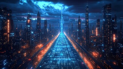 Futuristic cityscape with glowing blue and orange lights under a dark sky.