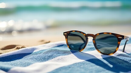 Stylish tortoiseshell sunglasses resting on a striped beach towel by the ocean