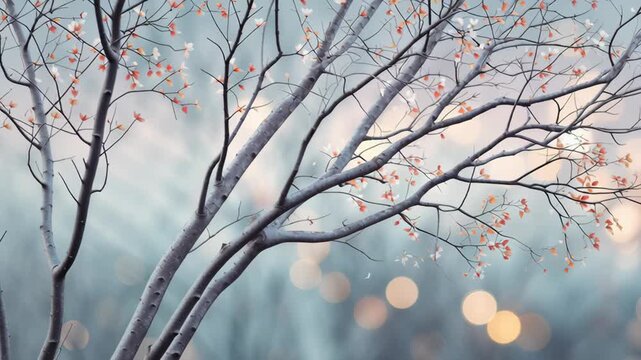 Dreamy Atmosphere Delicate Autumn Leaves and Bare Branches with Soft Bokeh Background in Dreamy Scene