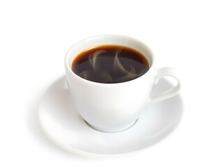 Steaming hot black coffee in a white cup on a matching saucer, isolated on a bright background, ideal for a refreshing morning or a cozy break.
