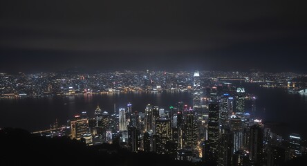 Fototapeta premium Stunning Night Cityscape Skyline Panorama with Harbor Views