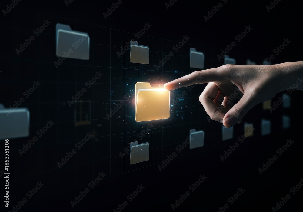 Poster x-default hand pointing at a glowing folder icon on a digital screen