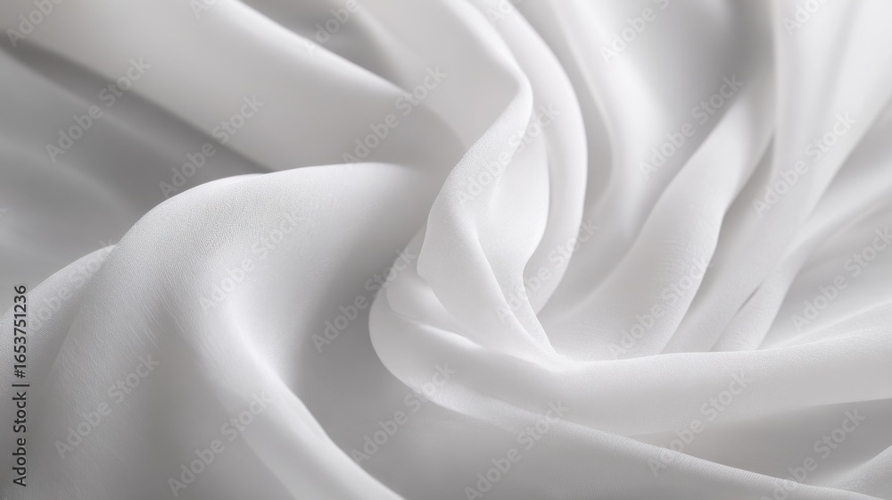 Poster a smooth white fabric is arranged in soft folds, showcasing its delicate texture and inviting feel. 