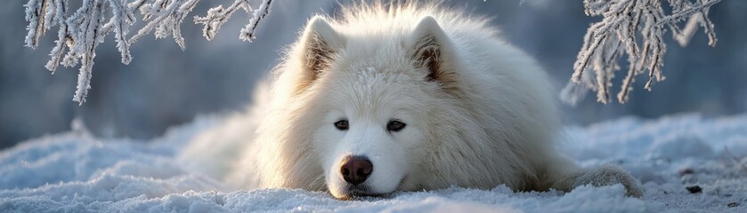 A serene, fluffy white dog resting on snow, surrounded by frost-covered branches, radiating calm and winter beauty.