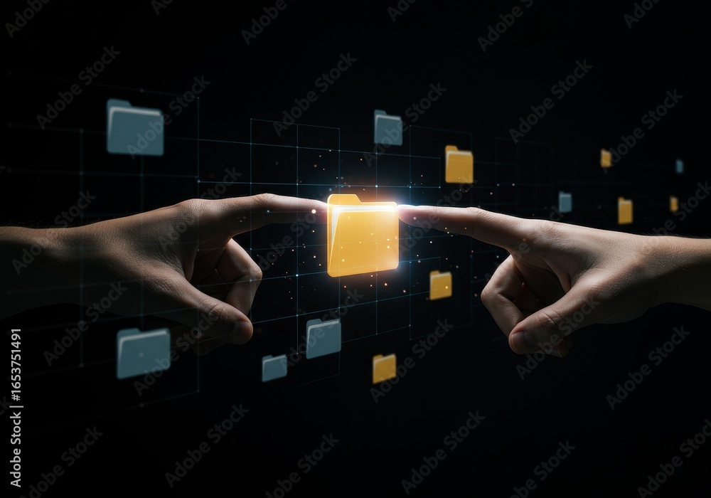 Poster x-default two hands reaching for a digital folder icon on a dark background