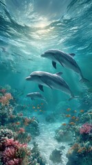 Fototapeta premium A serene underwater scene featuring dolphins swimming among colorful coral reefs and vibrant fish under a sunlit surface.