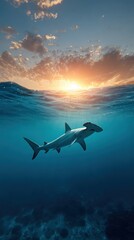 A majestic shark swims beneath the surface as the sun sets, casting a golden glow over the ocean's waves.
