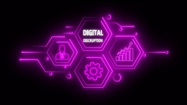 Abstract neon knowledge ability business gear icon Glowing neon line concept. Glowing "DIGITAL DISCRUPTION" button in German on a futuristic, abstract wave technology on black background. 4K