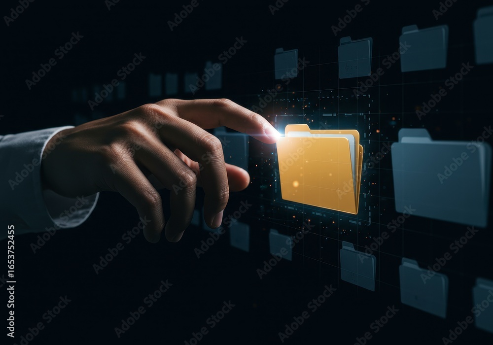 Poster x-default hand selecting a file from a digital folder