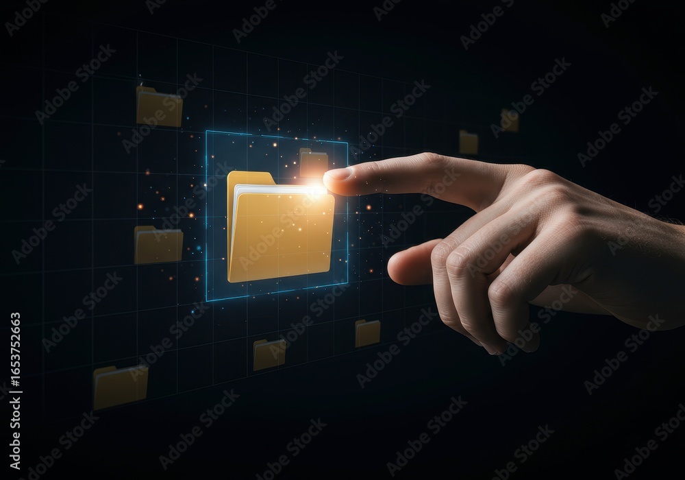 Poster x-default hand pointing at a folder icon on a digital screen