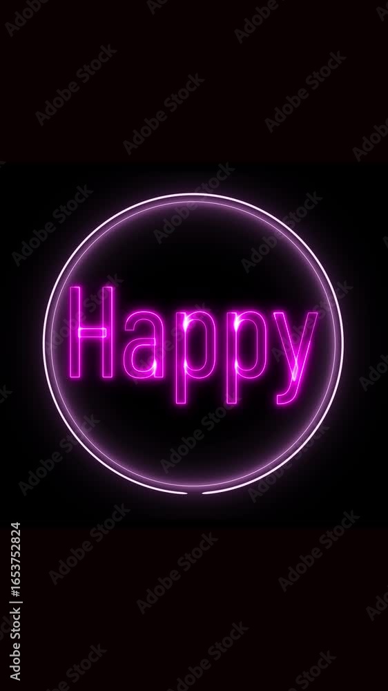 Poster bright neon sign displaying the word happy illuminated against a dark black background. happy text g
