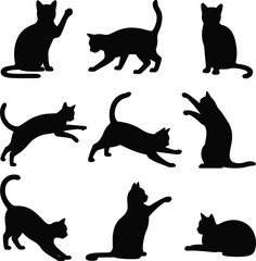 Silhouettes of cats in various poses, sitting, walking, stretching, playing, feline posture variety, pet care concept, animal illustration, domestic cat design