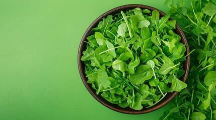 Fresh arugula salad in a rustic bowl on a green background