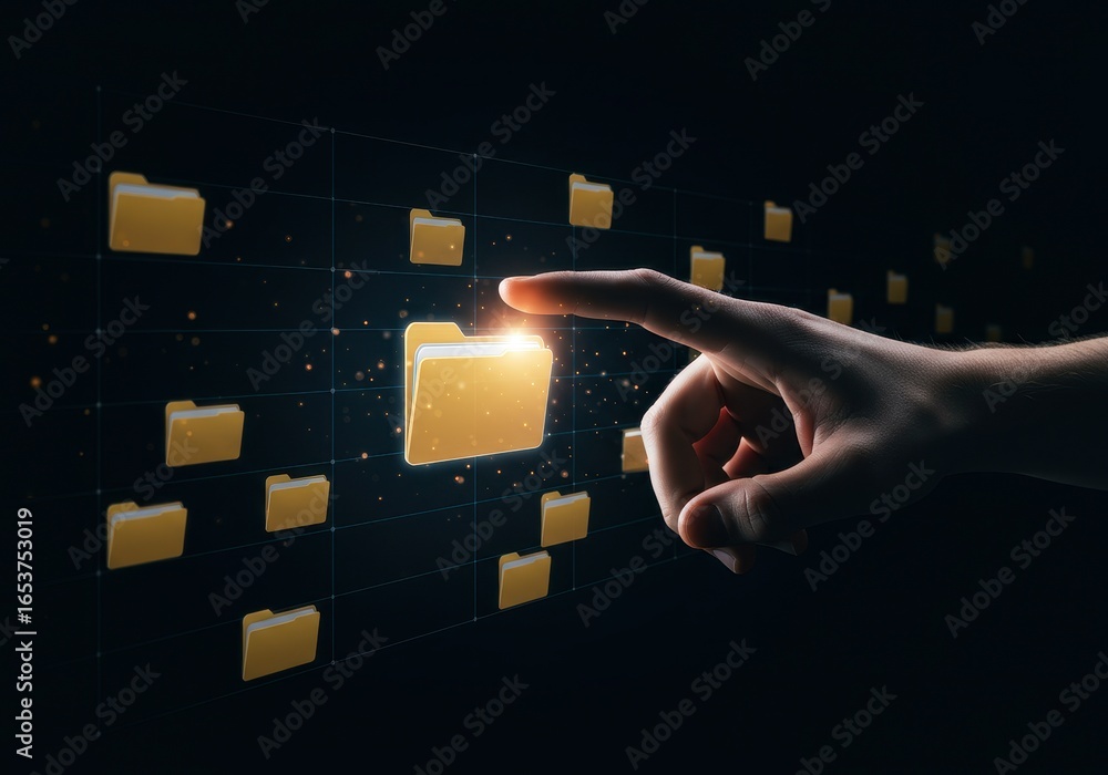 Poster x-default hand pointing at a glowing folder icon on a digital screen