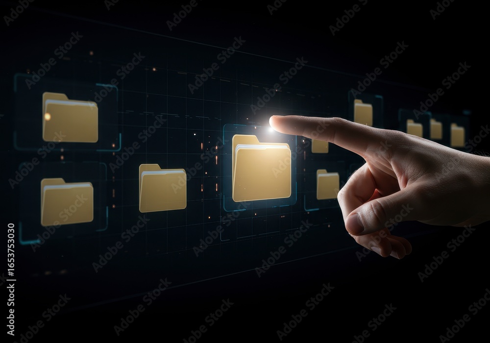 Poster x-default hand pointing at a digital folder interface