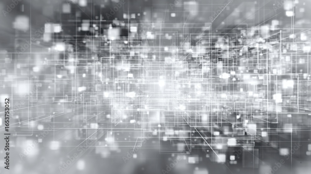 Poster a dynamic visual of glowing particles and lines representing digital data streaming through a dark, 