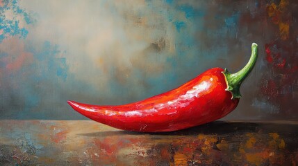 A painted image showcasing a single red chili pepper on a textured surface with a blurred background