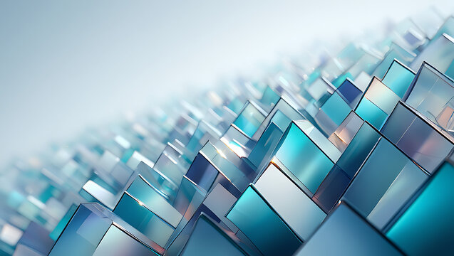 Abstract geometric pattern of interwoven blue and teal glass or crystal shards creating a textured futuristic and luxurious background with soft light and bokeh effects