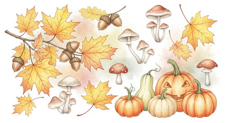 Watercolor Autumn Leaves and Pumpkins Illustration.eps