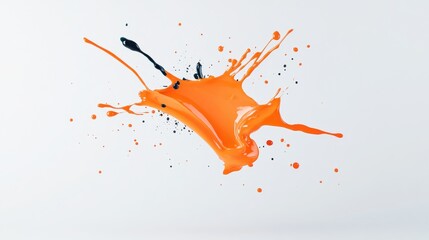 Bright orange paint splatter creates dynamic and energetic visual effect, showcasing fluidity and vibrancy of color. contrasting black droplets enhance overall impact