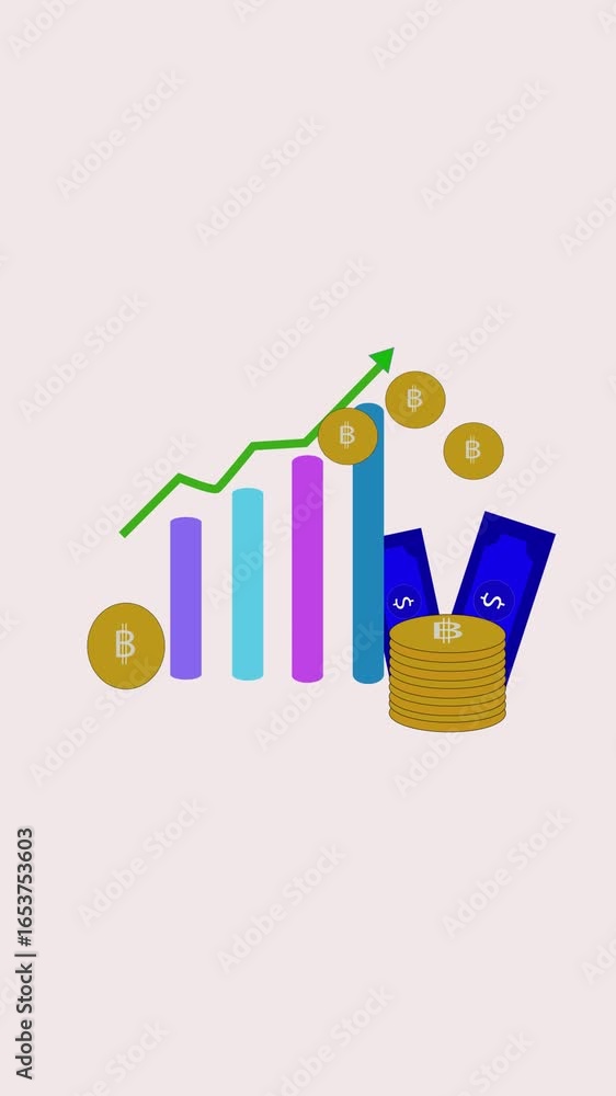 Poster bitcoin value rising with animated bar chart and coin piles vertical video. financial growth concept