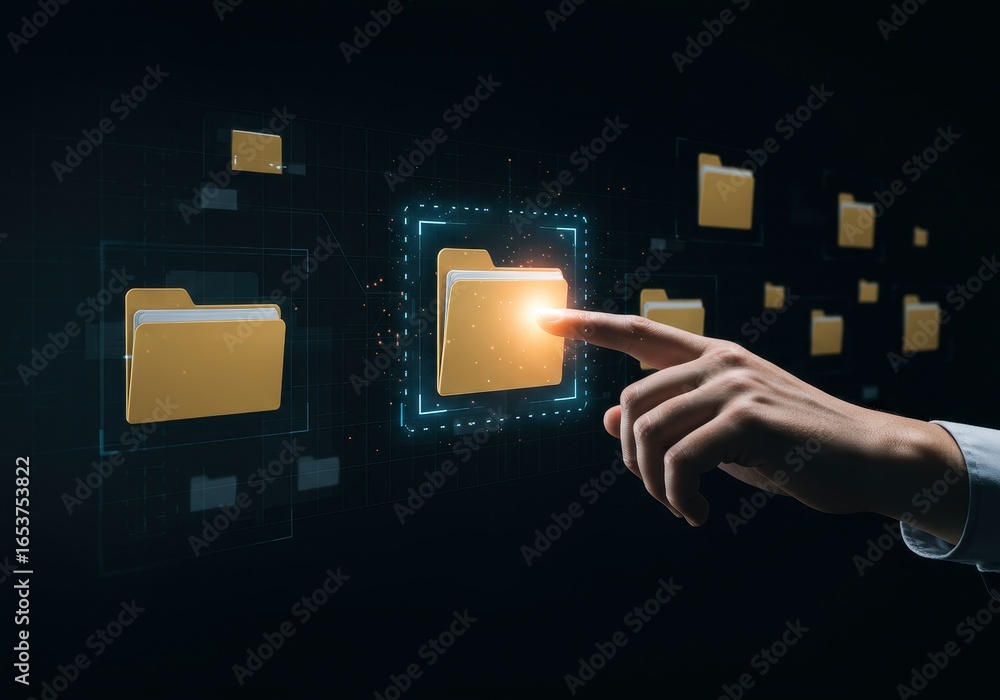 Poster x-default hand selecting a digital folder on a futuristic interface