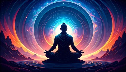 A meditating figure centered in a vibrant cosmic landscape