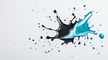 Vibrant splash of black and turquoise paint creates artistic and dynamic visual on clean white background, evoking creativity and energy