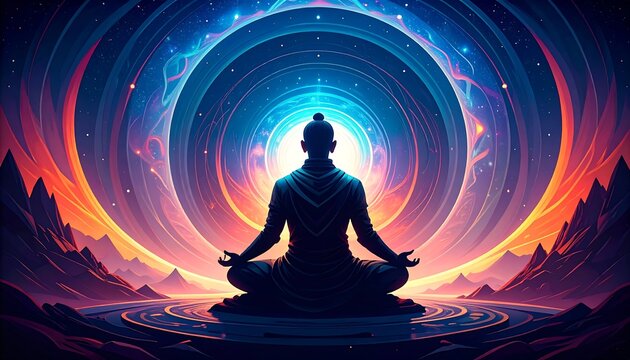 A meditating figure centered in a vibrant cosmic landscape